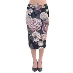 Elegant Seamless Pattern Blush Toned Rustic Flowers Velvet Midi Pencil Skirt