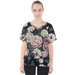 Elegant Seamless Pattern Blush Toned Rustic Flowers V-Neck Dolman Drape Top