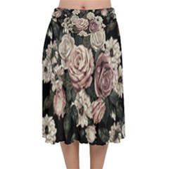 Elegant Seamless Pattern Blush Toned Rustic Flowers Velvet Flared Midi Skirt