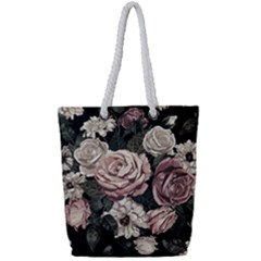 Elegant Seamless Pattern Blush Toned Rustic Flowers Full Print Rope Handle Tote (Small)