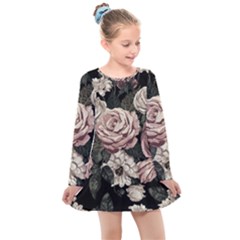 Elegant Seamless Pattern Blush Toned Rustic Flowers Kids  Long Sleeve Dress