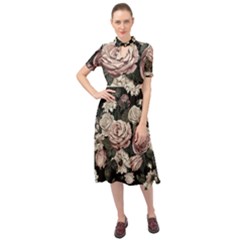 Elegant Seamless Pattern Blush Toned Rustic Flowers Keyhole Neckline Chiffon Dress