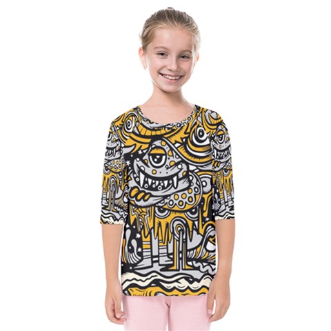 Crazy Abstract Doodle Social Doodle Drawing Style Kids  Quarter Sleeve Raglan Tee by Vaneshart