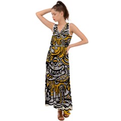 Crazy Abstract Doodle Social Doodle Drawing Style V-neck Chiffon Maxi Dress by Vaneshart