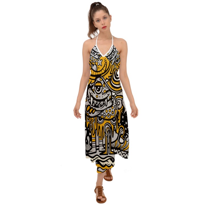 Crazy Abstract Doodle Social Doodle Drawing Style Halter Tie Back Dress 