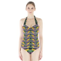 Plumeria And Frangipani Temple Flowers Ornate Halter Swimsuit by pepitasart