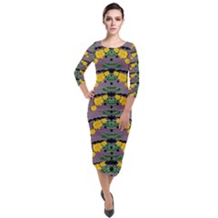 Plumeria And Frangipani Temple Flowers Ornate Quarter Sleeve Midi Velour Bodycon Dress by pepitasart