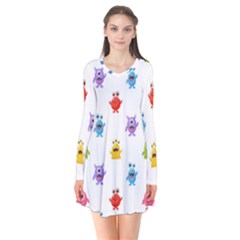 Seamless Pattern Cute Funny Monster Cartoon Isolated White Background Long Sleeve V-neck Flare Dress