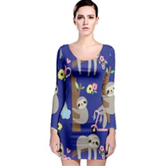 Hand Drawn Cute Sloth Pattern Background Long Sleeve Bodycon Dress by Vaneshart