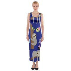 Hand Drawn Cute Sloth Pattern Background Fitted Maxi Dress