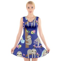 Hand Drawn Cute Sloth Pattern Background V-neck Sleeveless Dress