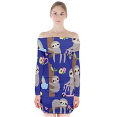 Hand Drawn Cute Sloth Pattern Background Long Sleeve Off Shoulder Dress by Vaneshart