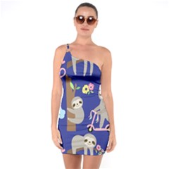 Hand Drawn Cute Sloth Pattern Background One Soulder Bodycon Dress by Vaneshart