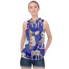 Hand Drawn Cute Sloth Pattern Background High Neck Satin Top by Vaneshart