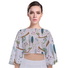 Pattern Sloth Woodland Tie Back Butterfly Sleeve Chiffon Top by Vaneshart