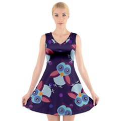 Owl Pattern Background V-neck Sleeveless Dress