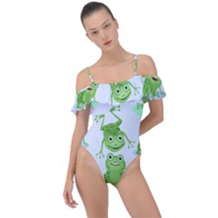 Cute Green Frogs Seamless Pattern Frill Detail One Piece Swimsuit