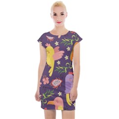 Exotic Seamless Pattern With Parrots Fruits Cap Sleeve Bodycon Dress