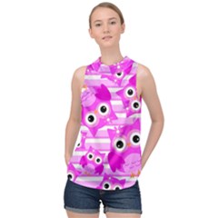 Pink Owl Pattern Background High Neck Satin Top