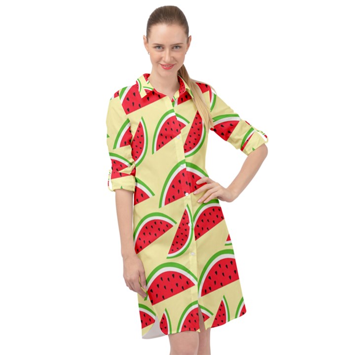 Watermelon Pattern Long Sleeve Mini Shirt Dress