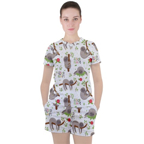 Seamless Pattern With Cute Sloths Sleep More Women s Tee And Shorts Set by Vaneshart
