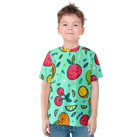 Various Fruits With Faces Seamless Pattern Kids  Cotton Tee by Vaneshart