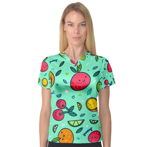 Various Fruits With Faces Seamless Pattern V-neck Sport Mesh Tee by Vaneshart