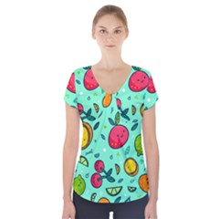 Various Fruits With Faces Seamless Pattern Short Sleeve Front Detail Top by Vaneshart