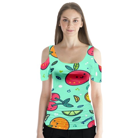 Various Fruits With Faces Seamless Pattern Butterfly Sleeve Cutout Tee  by Vaneshart