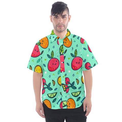 Various Fruits With Faces Seamless Pattern Men s Short Sleeve Shirt by Vaneshart