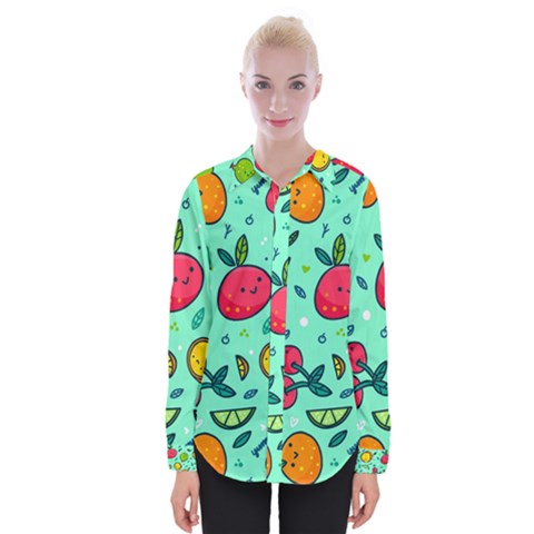 Various Fruits With Faces Seamless Pattern Womens Long Sleeve Shirt by Vaneshart