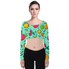 Various Fruits With Faces Seamless Pattern Velvet Long Sleeve Crop Top by Vaneshart