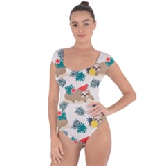 Cute Lazy Sloth Summer Fruit Seamless Pattern Short Sleeve Leotard  by Vaneshart