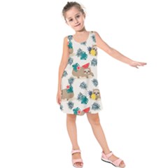 Cute Lazy Sloth Summer Fruit Seamless Pattern Kids  Sleeveless Dress by Vaneshart