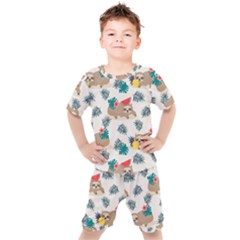 Cute Lazy Sloth Summer Fruit Seamless Pattern Kids  Tee And Shorts Set by Vaneshart