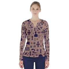 Vintage Tribal Seamless Pattern With Ethnic Motifs V-neck Long Sleeve Top by Vaneshart