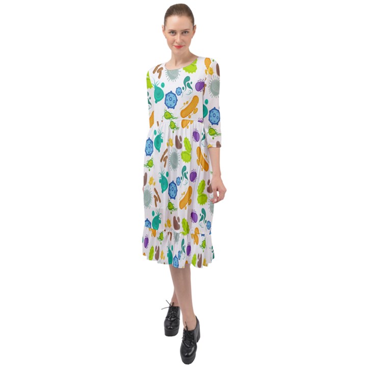 Bacteria Virus Seamless Pattern Ruffle End Midi Chiffon Dress