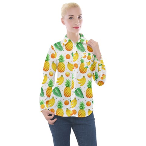 Tropical Fruits Pattern Women s Long Sleeve Pocket Shirt by Vaneshart