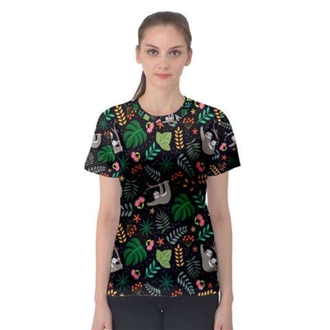 Floral Pattern With Plants Sloth Flowers Black Backdrop Women s Sport Mesh Tee by Vaneshart