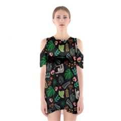 Floral Pattern With Plants Sloth Flowers Black Backdrop Shoulder Cutout One Piece Dress by Vaneshart