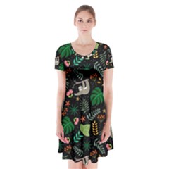 Floral Pattern With Plants Sloth Flowers Black Backdrop Short Sleeve V-neck Flare Dress by Vaneshart