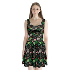 Floral Pattern With Plants Sloth Flowers Black Backdrop Split Back Mini Dress 