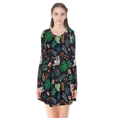 Floral Pattern With Plants Sloth Flowers Black Backdrop Long Sleeve V-neck Flare Dress by Vaneshart