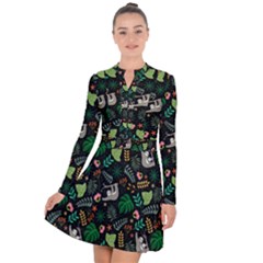 Floral Pattern With Plants Sloth Flowers Black Backdrop Long Sleeve Panel Dress by Vaneshart