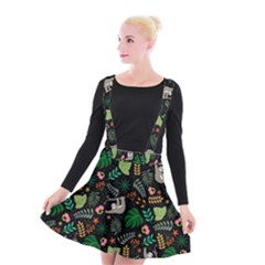 Floral Pattern With Plants Sloth Flowers Black Backdrop Suspender Skater Skirt by Vaneshart