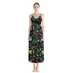 Floral Pattern With Plants Sloth Flowers Black Backdrop Button Up Chiffon Maxi Dress by Vaneshart