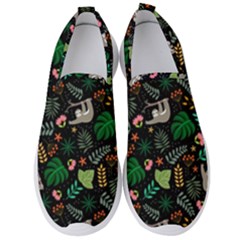 Floral Pattern With Plants Sloth Flowers Black Backdrop Men s Slip On Sneakers by Vaneshart