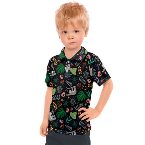 Floral Pattern With Plants Sloth Flowers Black Backdrop Kids  Polo Tee by Vaneshart