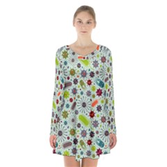 Seamless Pattern With Viruses Long Sleeve Velvet V-neck Dress