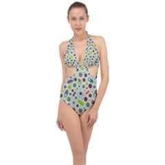 Seamless Pattern With Viruses Halter Front Plunge Swimsuit